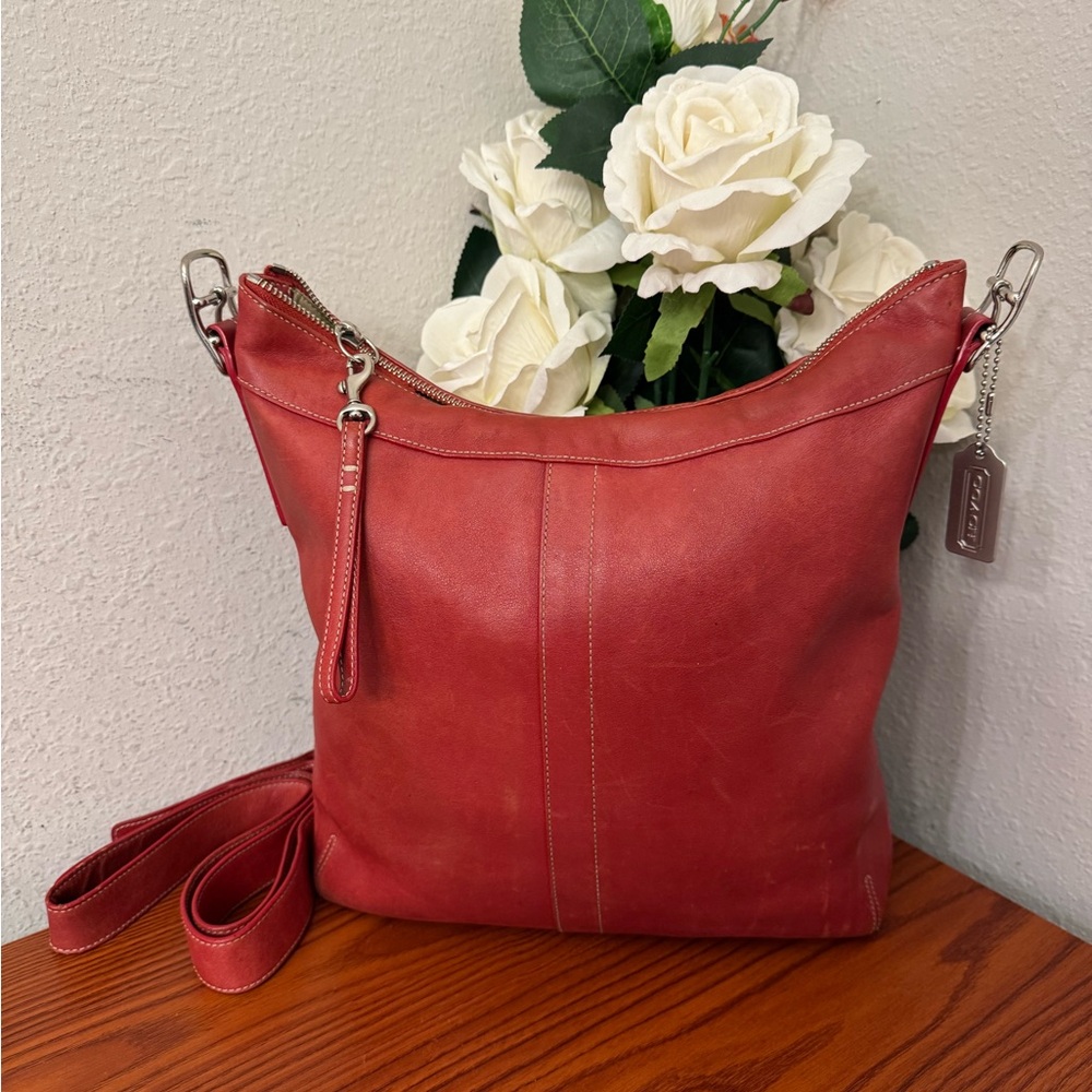 Coach Red Leather Shoulder Bag with Silver Hardware